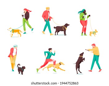Crowd of tiny people walking their dogs on street. Group of men and women with pets or domestic animals performing outdoor activities isolated on white background. Vector illustration in flat style.