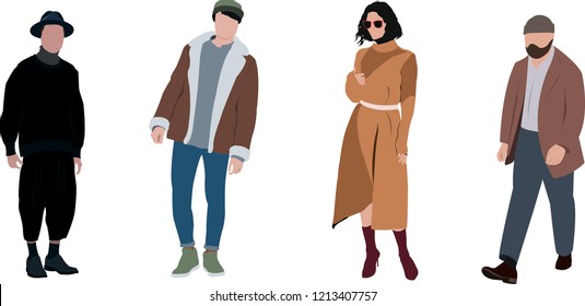 Crowd of tiny people wearing stylish clothes. Fashionable men and women at fashion week. Group of male and female cartoon characters dressed in trendy clothing. Flat colorful vector illustration