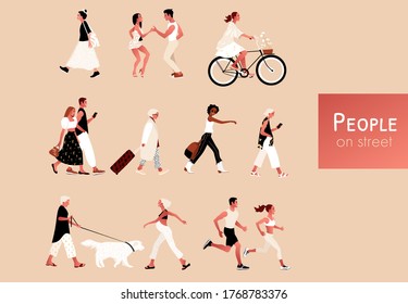 Crowd of tiny people wearing stylish clothes. Fashionable men and women, outdoor activities. Group of male and female cartoon characters walking, dancing, running cycling. Flat vector illustration.