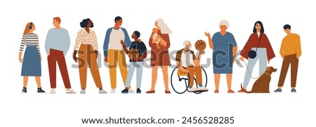 Crowd of tiny people wearing stylish clothes. Fashionable men and women at fashion week. Group of male and female cartoon characters dressed in trendy clothing. Flat colorful vector illustration.