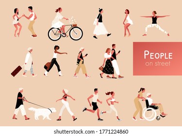 Crowd of tiny people. Young and elderly men and women, outdoor activities. Group of male and female cartoon characters walking, dancing, running, doing yoga, cycling. Flat vector illustration.