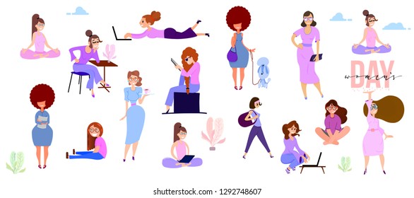 Crowd of tiny women active in the park. Flat design style vector graphic illustration various girls set. Isolated objects