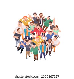 crowd top view. people standing in circle and holding hands up vector characters