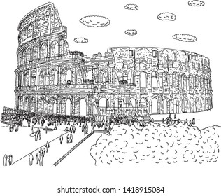 crowd of tourist visiting Colosseum vector illustration sketch doodle hand drawn with black lines isolated on white background