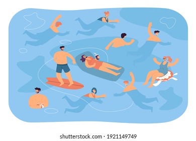 Crowd of tourists swimming and bathing in sea water, surfing, resting on rubber mattress, enjoying leisure and holidays. Flat vector illustration for vacation at ocean, sea activities concept