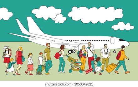 Crowd travel walking people family plane and sky.