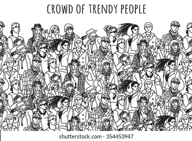 Crowd of trendy people black and white. Empty place for your text. Monochrome  vector illustration. EPS8