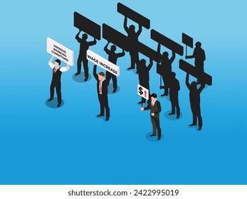 Multitud de trabajadores disgustados protestando contra los bajos salarios 3d ilustración vectorial isométrica