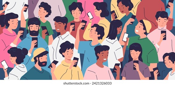 Multitud usando smartphones. Mucha gente agrupa smartphone, los adolescentes miran la pantalla de teléfono leen mensajes de noticias de internet, adicción a la tecnología de redes móviles ilustración vectorial de la multitud estilo de vida de los teléfonos móviles