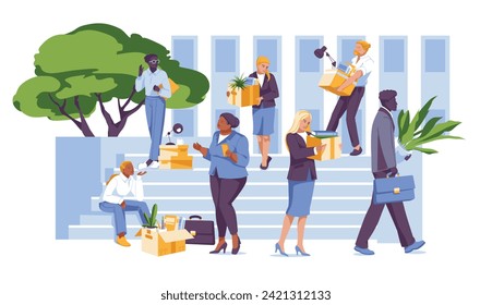 A crowd of various laid-off workers on the steps of a building. Holds boxes of papers with personal belongings. Business and work crisis concept. Vector flat illustration