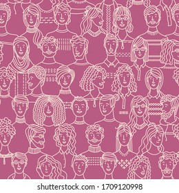 Crowd Of Various Men And Women In Linear Style. Vector Boundless Background With Various People. Textile, Fabric, Wrapping Paper, Wallpaper Duotone Vector Design