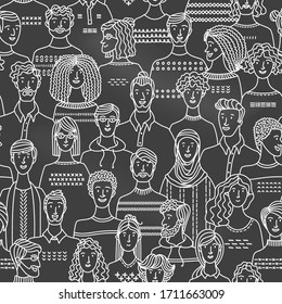 Crowd of various men and women in linear style. Vector blackboard background with various people. Chalk textile, fabric, wrapping paper, wallpaper duotone vector design