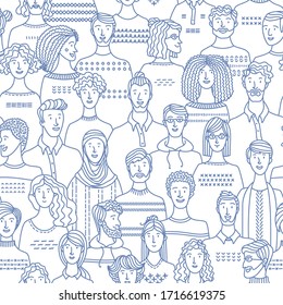 Crowd of various men and women in linear style. Vector boundless background with various people. Textile, fabric, wrapping paper, wallpaper mono color vector design
