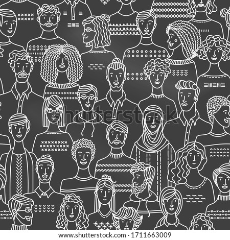 Crowd of various men and women in linear style. Vector blackboard background with various people. Chalk textile, fabric, wrapping paper, wallpaper duotone vector design