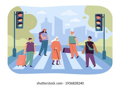 Multitud de varias personas cruzando la avenida camino de ilustración vectorial plana. Los peatones caricaturistas caminan por el cruce de la calle. Estilo de vida moderno y concepto de tráfico urbano