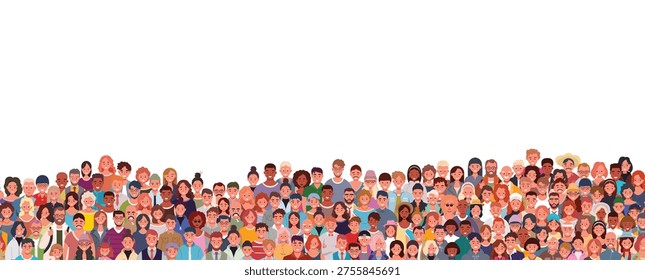 Crowd of various people seamless pattern. Adults, kids, teenagers, and seniors of different ethnicities. Vector illustration
