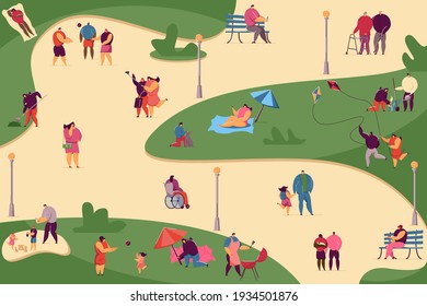 Crowd of various people walking in park flat vector illustration. Cartoon characters relaxing, doing exercise and cooking BBQ on picnic. Summer activity and leisure concept