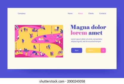 Crowd of various people walking in park flat vector illustration. Cartoon characters relaxing, doing exercise and cooking BBQ on picnic. Summer activity and leisure concept