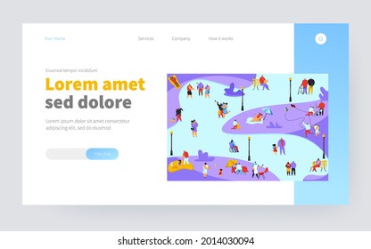Crowd of various people walking in park flat vector illustration. Cartoon characters relaxing, doing exercise and cooking BBQ on picnic. Summer activity and leisure concept