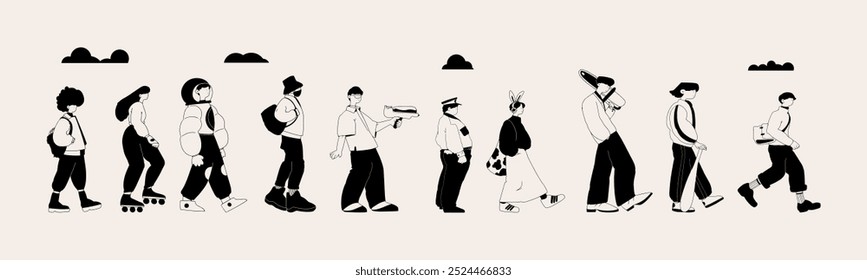 Crowd of various young people, men and women, going about their business. Trendy vector illustration.