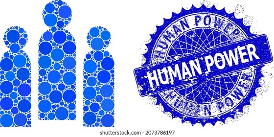 Crowd vector composition of small circles in different sizes and blue color tints, and grunge Human Power stamp. Blue round sharp rosette stamp seal has Human Power text inside it.