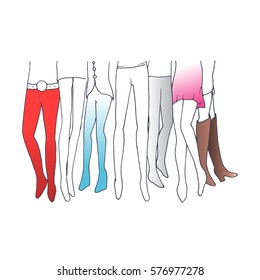 Crowd vector hand drawn illustration. Women and men legs contours and colored fill