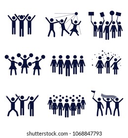 Crowd vector icon set design, illustrations of various groups of people - Vector icon set of groups of people in a club, sports match, cheerleaders, protest, strike, celebrations, concert and other