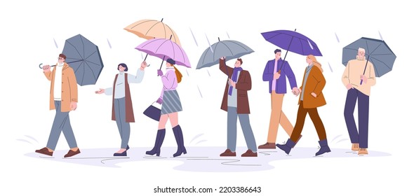 Crowd walk at rain or storm. Rainy protection, umbrella and coats. Stormy day outside and people going work. Spring autumn season weather kicky vector scene