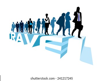 Crowd of walking people on the large word TRAVEL