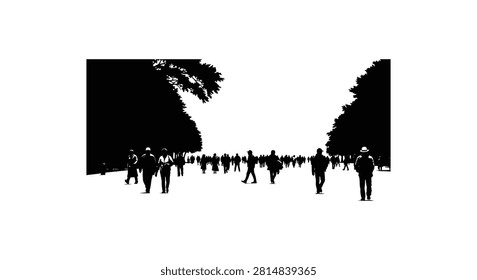 Crowd walking through scenic park alley black silhouettes people commuting outdoors daily routine city life vector art concept.