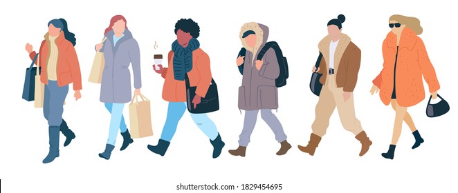 Crowd walking women of casual autumn clothes modern street style. Set vector flat cartoon colorful isolated illustration on white background.