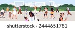 Crowd walks in urban recreational park. Families with kids relax outdoor. Happy people ride a bicycle, rollerblade, do sport, stroll on city green area. Active lifestyle. Flat vector illustration