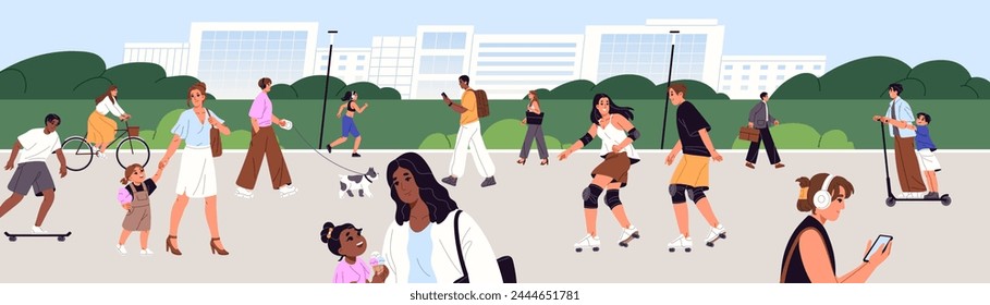 Crowd walks in urban recreational park. Families with kids relax outdoor. Happy people ride a bicycle, rollerblade, do sport, stroll on city green area. Active lifestyle. Flat vector illustration