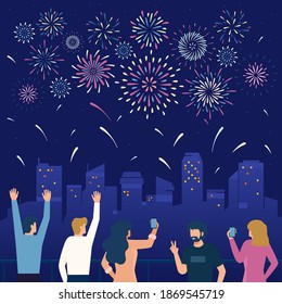 crowd watching firework and celebratin new year eve vector concept group of people having fun at night illustration can use for, landing page, template, ui, web, mobile app, poster, banner, flyer
