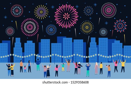 Crowd watching fireworks. Dark night city with firework pyrotechnic show, people look in sky and celebrate holidays. Town firework festival, sky explode vector illustration