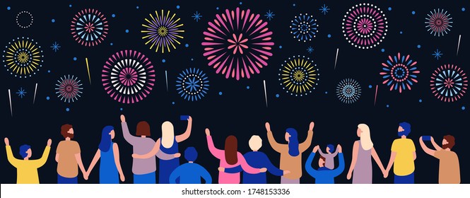 Crowd watching fireworks. Happy people see to firework at night, people celebration illustration, holiday event and celebrate vector