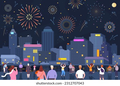 Crowd watching fireworks. People looking firework spectacles in downtown night street city, fun celebrate event holiday or new year party, explosion show at sky vector illustration of crowd happy