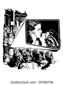 Crowd Watching A Movie - Retro Clip Art