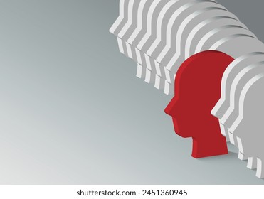 Crowd white head sign with red head sign. Problem resolve control. Metaphor mind mental. Split personality. Concept Psychology. Dual personality mind. Mental health.