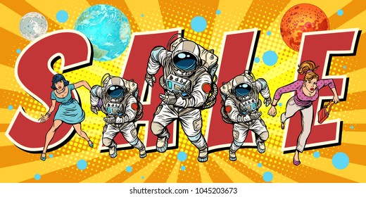 crowd of women and astronauts running sale. Pop art retro vector illustration comic cartoon vintage kitsch drawing