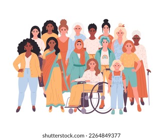 Crowd of women of different races, nationalities, ages, body types. International Women's Day. Social diversity of people in modern society. Vector illustration in flat