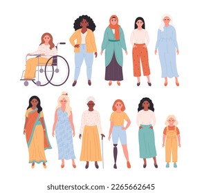 Multitud de mujeres de diferentes razas, nacionalidades, edades, tipos de cuerpo. Día Internacional de la Mujer. Diversidad social de las personas en la sociedad moderna. Ilustración vectorial en estilo plano