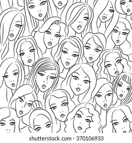 Crowd of women faces. Vector illustration. Hand drawn illustration of young pretty women. Black and white.
