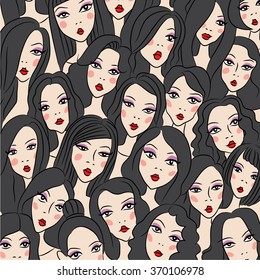 Crowd of women faces. Vector illustration. Hand drawn colorful illustration of young pretty women.