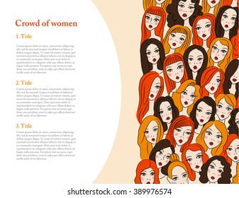 Crowd of women faces. Vector illustration. Hand drawn colorful illustration of young pretty women. You can write your text here.