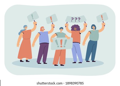 Crowd of women holding placards and protesting isolated flat vector illustration. Cartoon political female activists on mass meeting or rally. Feminism and fight for rights concept