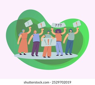 Crowd of women holding placards and protesting flat vector illustration. Cartoon political female activists on mass meeting or rally. Feminism and fight for rights concept