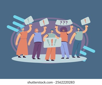 Crowd of women holding placards and protesting flat vector illustration. Cartoon political female activists on mass meeting or rally. Feminism and fight for rights concept