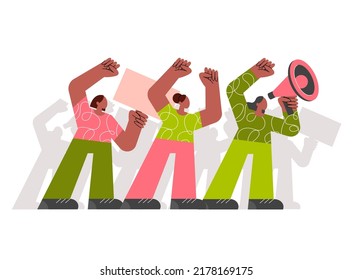 Una multitud de mujeres con megáfono o altavoz en una protesta. Mujer afroamericana con un cartel en una manifestación. Feminismo. El Poder Chico. Ilustración vectorial plana aislada en fondo blanco. 