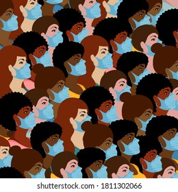 Crowd of women of  nationalities in colorful clothes and medical masks. Women in profile view. Flat vector illustration.